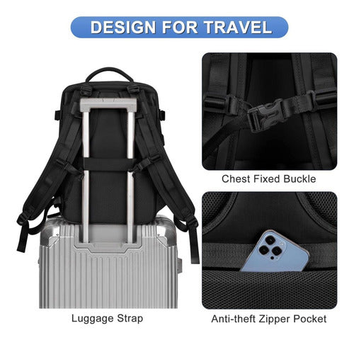 Mochila Viaje Avión Multifuncional Gran Capacidad 30 Lts Negro Liso